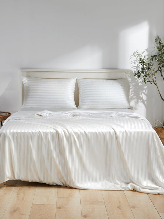 Ensemble de housse de couette en soie rayée 3 pièces - 22 momme