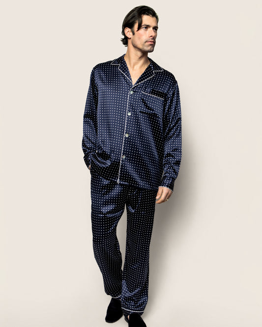 Ensemble de pyjama en soie bleu marine à pois