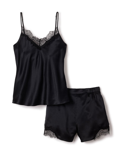 Ensemble court à bretelles en dentelle de soie noire