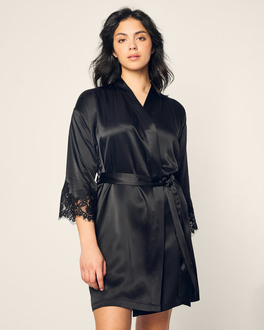 Robe de chambre en dentelle de soie noire